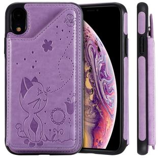 For iPhone XR Cat Bee Embossing Pattern Shockproof Protective Case with Card Slots & Photo Frame(Purple)