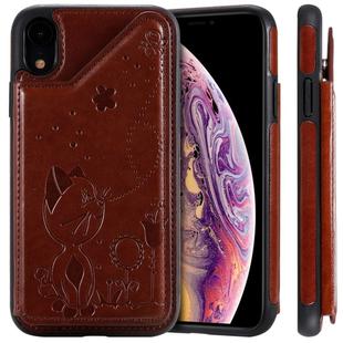 For iPhone XR Cat Bee Embossing Pattern Shockproof Protective Case with Card Slots & Photo Frame(Brown)