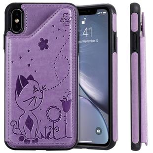 For iPhone XS Max Cat Bee Embossing Pattern Shockproof Protective Case with Card Slots & Photo Frame(Purple)