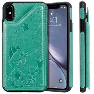 For iPhone XS Max Cat Bee Embossing Pattern Shockproof Protective Case with Card Slots & Photo Frame(Green)