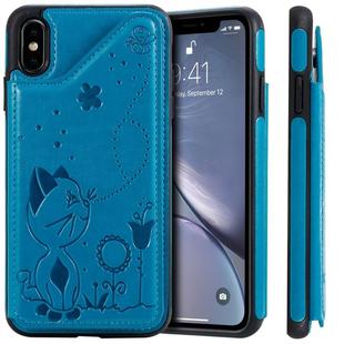For iPhone XS Max Cat Bee Embossing Pattern Shockproof Protective Case with Card Slots & Photo Frame(Blue)