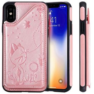 For iPhone XS Cat Bee Embossing Pattern Shockproof Protective Case with Card Slots & Photo Frame(Rose Gold)
