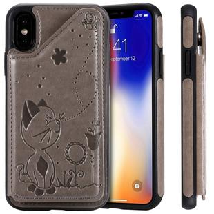 For iPhone XS Cat Bee Embossing Pattern Shockproof Protective Case with Card Slots & Photo Frame(Grey)