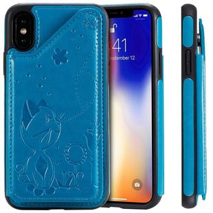 For iPhone XS Cat Bee Embossing Pattern Shockproof Protective Case with Card Slots & Photo Frame(Blue)