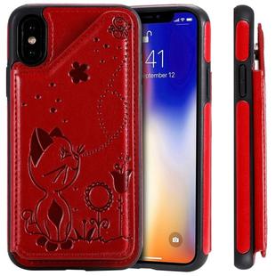 For iPhone XS Cat Bee Embossing Pattern Shockproof Protective Case with Card Slots & Photo Frame(Red)