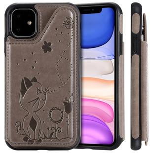 For iPhone 11 Cat Bee Embossing Pattern Shockproof Protective Case with Card Slots & Photo Frame(Grey)