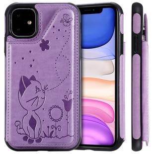 For iPhone 11 Cat Bee Embossing Pattern Shockproof Protective Case with Card Slots & Photo Frame(Purple)