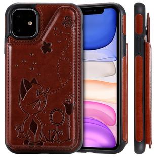 For iPhone 11 Cat Bee Embossing Pattern Shockproof Protective Case with Card Slots & Photo Frame(Brown)