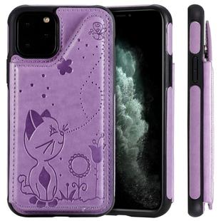 For iPhone 11 Pro Cat Bee Embossing Pattern Shockproof Protective Case with Card Slots & Photo Frame(Purple)