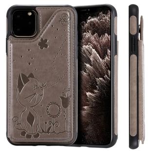 For iPhone 11 Pro Max Cat Bee Embossing Pattern Shockproof Protective Case with Card Slots & Photo Frame(Grey)