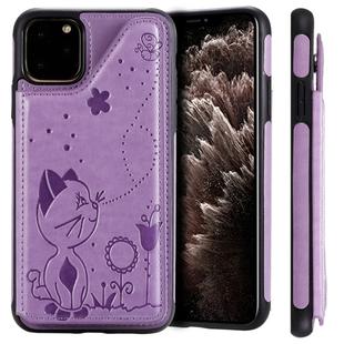 For iPhone 11 Pro Max Cat Bee Embossing Pattern Shockproof Protective Case with Card Slots & Photo Frame(Purple)