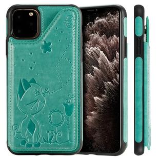 For iPhone 11 Pro Max Cat Bee Embossing Pattern Shockproof Protective Case with Card Slots & Photo Frame(Green)