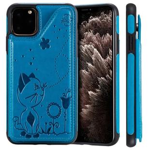 For iPhone 11 Pro Max Cat Bee Embossing Pattern Shockproof Protective Case with Card Slots & Photo Frame(Blue)