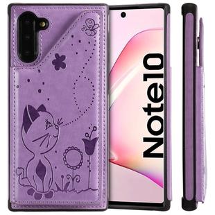 For Galaxy Note 10 Cat Bee Embossing Pattern Shockproof Protective Case with Card Slots & Photo Frame(Purple)