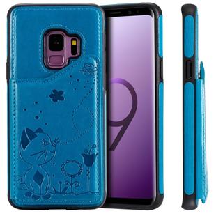 For Galaxy S9 Cat Bee Embossing Pattern Shockproof Protective Case with Card Slots & Photo Frame(Blue)
