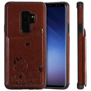 For Galaxy S9 Plus Cat Bee Embossing Pattern Shockproof Protective Case with Card Slots & Photo Frame(Brown)
