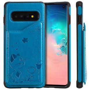 For Galaxy S10 Cat Bee Embossing Pattern Shockproof Protective Case with Card Slots & Photo Frame(Blue)
