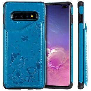 For Galaxy S10 Plus Cat Bee Embossing Pattern Shockproof Protective Case with Card Slots & Photo Frame(Blue)