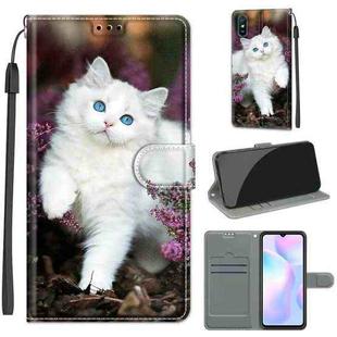 For Xiaomi Redmi 9A Voltage Coloured Drawing Magnetic Clasp Horizontal Flip PU Leather Case with Holder & Card Slots(C08 Flower Bush Big White Cat)