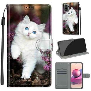 For Xiaomi Redmi Note 10 4G/Note 10S Voltage Coloured Drawing Magnetic Clasp Horizontal Flip PU Leather Case with Holder & Card Slots(C08 Flower Bush Big White Cat)