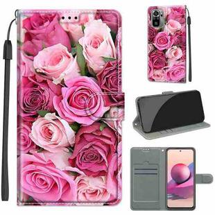 For Xiaomi Redmi Note 10 4G/Note 10S Voltage Coloured Drawing Magnetic Clasp Horizontal Flip PU Leather Case with Holder & Card Slots(C17 Green Leaf Pink Rose)