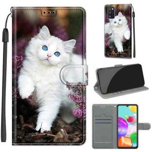 For Samsung Galaxy A41 EU Version Voltage Colored Drawing Magnetic Clasp Horizontal Flip PU Leather Case with Holder & Card Slots(C08 Flower Bush Big White Cat)