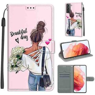 For Samsung Galaxy S21 5G Voltage Colored Drawing Magnetic Clasp Horizontal Flip PU Leather Case with Holder & Card Slots(C09 Hug Flower)