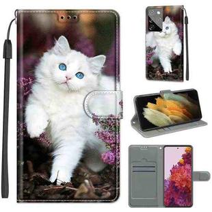 For Samsung Galaxy S21 Ultra 5G Voltage Colored Drawing Magnetic Clasp Horizontal Flip PU Leather Case with Holder & Card Slots(C08 Flower Bush Big White Cat)