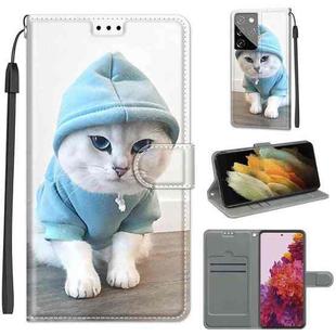 For Samsung Galaxy S21 Ultra 5G Voltage Colored Drawing Magnetic Clasp Horizontal Flip PU Leather Case with Holder & Card Slots(C15 Blue Sweater White Cat)