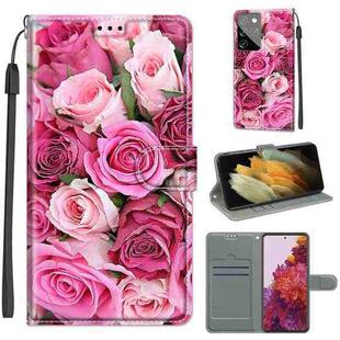 For Samsung Galaxy S21 Ultra 5G Voltage Colored Drawing Magnetic Clasp Horizontal Flip PU Leather Case with Holder & Card Slots(C17 Green Leaf Pink Rose)