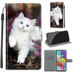 For Samsung Galaxy A51 Voltage Colored Drawing Magnetic Clasp Horizontal Flip PU Leather Case with Holder & Card Slots(C08 Flower Bush Big White Cat)
