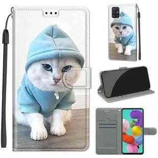 For Samsung Galaxy A51 Voltage Colored Drawing Magnetic Clasp Horizontal Flip PU Leather Case with Holder & Card Slots(C15 Blue Sweater White Cat)