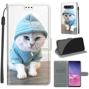 For Samsung Galaxy S10+ Voltage Colored Drawing Magnetic Clasp Horizontal Flip PU Leather Case with Holder & Card Slots(C15 Blue Sweater White Cat)