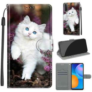 For Huawei P Smart 2021 / Y7a Voltage Colored Drawing Magnetic Clasp Horizontal Flip PU Leather Case with Holder & Card Slots(C08 Flower Bush Big White Cat)