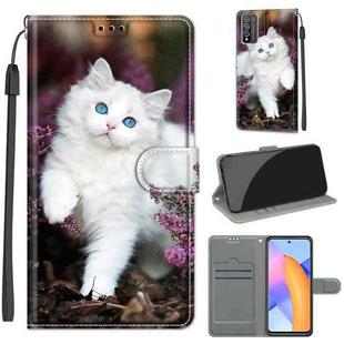 For Honor 10X Lite Voltage Colored Drawing Magnetic Clasp Horizontal Flip PU Leather Case with Holder & Card Slots(C08 Flower Bush Big White Cat)