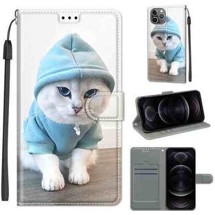 For iPhone 12 / 12 Pro Voltage Colored Drawing Magnetic Clasp Horizontal Flip PU Leather Case with Holder & Card Slots(C15 Blue Sweater White Cat)
