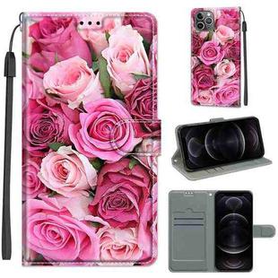 For iPhone 12 / 12 Pro Voltage Colored Drawing Magnetic Clasp Horizontal Flip PU Leather Case with Holder & Card Slots(C17 Green Leaf Pink Rose)
