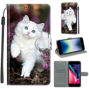 For iPhone SE 2022 / SE 2020 / 8 / 7 Voltage Colored Drawing Magnetic Clasp Horizontal Flip PU Leather Case with Holder & Card Slots(C08 Flower Bush Big White Cat)