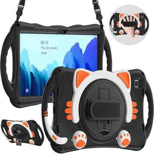For Samsung Galaxy Tab A7 10.4 2020 SM-T500 Cute Cat King Kids Shockproof Silicone Tablet Case with Holder & Shoulder Strap & Handle(Black Orange)