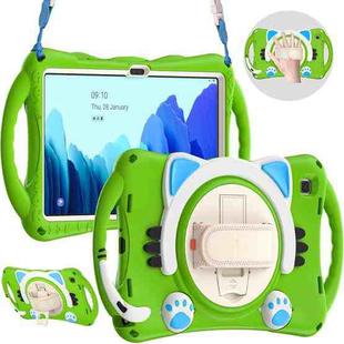 For Samsung Galaxy Tab A7 10.4 2020 SM-T500 Cute Cat King Kids Shockproof Silicone Tablet Case with Holder & Shoulder Strap & Handle(Green)