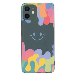 For iPhone 12 mini Painted Smiley Face Pattern Liquid Silicone Shockproof Case (Dark Green)