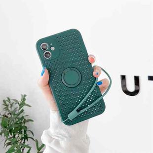For iPhone 12 mini Heat Dissipation Cooling Holes Liquid Silicone Straight Edge Shockproof Case with Ring Holder & Strap (Deep Green)