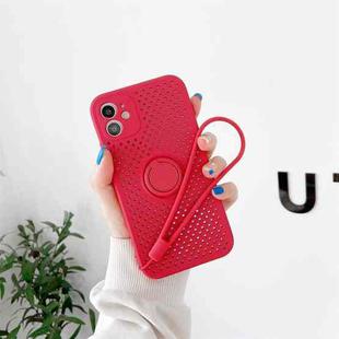 For iPhone 12 Heat Dissipation Cooling Holes Liquid Silicone Straight Edge Shockproof Case with Ring Holder & Strap(Red)