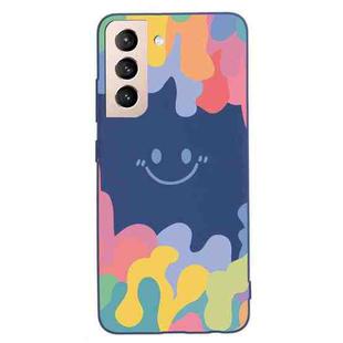 For Samsung Galaxy S21+ 5G Painted Smiley Face Pattern Liquid Silicone Shockproof Case(Dark Blue)