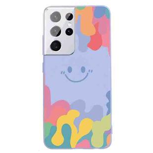For Samsung Galaxy S21 Ultra 5G Painted Smiley Face Pattern Liquid Silicone Shockproof Case(Purple)