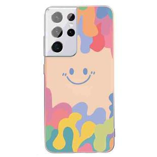 For Samsung Galaxy S21 Ultra 5G Painted Smiley Face Pattern Liquid Silicone Shockproof Case(Pink)