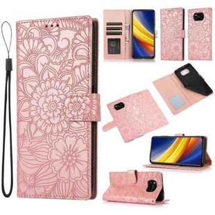 For Xiaomi POCO X3 NFC / X3 Pro / X3 Skin Feel Embossed Sunflower Horizontal Flip Leather Case with Holder & Card Slots & Wallet & Lanyard(Rose Gold)
