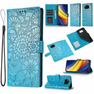 For Xiaomi POCO X3 NFC / X3 Pro / X3 Skin Feel Embossed Sunflower Horizontal Flip Leather Case with Holder & Card Slots & Wallet & Lanyard(Blue)