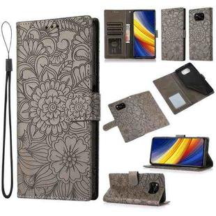 For Xiaomi POCO X3 NFC / X3 Pro / X3 Skin Feel Embossed Sunflower Horizontal Flip Leather Case with Holder & Card Slots & Wallet & Lanyard(Grey)