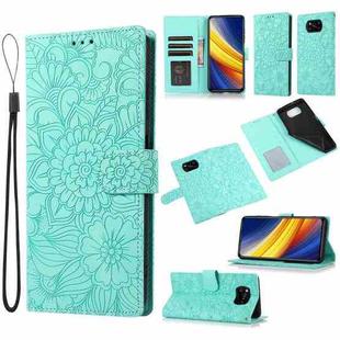 For Xiaomi POCO X3 NFC / X3 Pro / X3 Skin Feel Embossed Sunflower Horizontal Flip Leather Case with Holder & Card Slots & Wallet & Lanyard(Green)